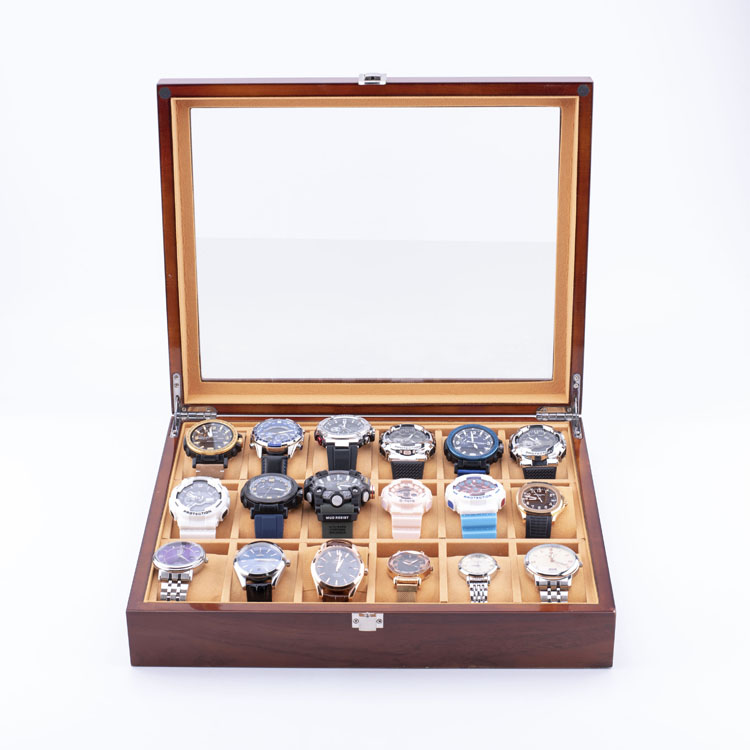 منظم تخزين الساعات عالي الجودة من WoodBox Factory ذو 18 فتحة مع غطاء شفاف