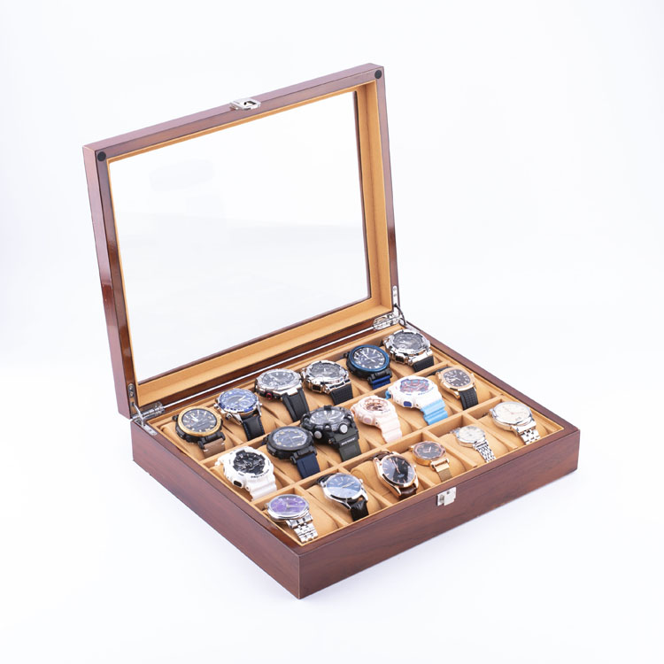 منظم تخزين الساعات عالي الجودة من WoodBox Factory ذو 18 فتحة مع غطاء شفاف