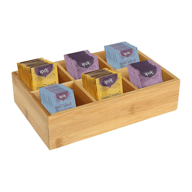 Bamboo Tea Bag Bag Organizer Wood Hot Tea Bag Bag Drawer Ruder Organizer مع 6 مقصورات شاي صندوق شاي لمحطة القهوة