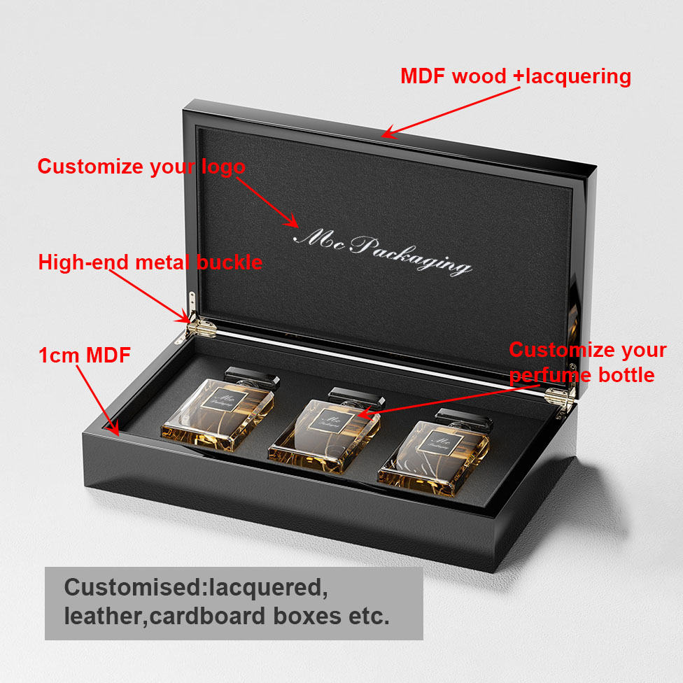 تصميم مخصص إبداعي فاخر بيانو Mdf ورنيش تغليف علبة هدية عطر فارغ زجاجة 100 مل صندوق عطر خشبي من الجلد العربي
