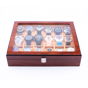 منظم تخزين الساعات عالي الجودة من WoodBox Factory ذو 18 فتحة مع غطاء شفاف
