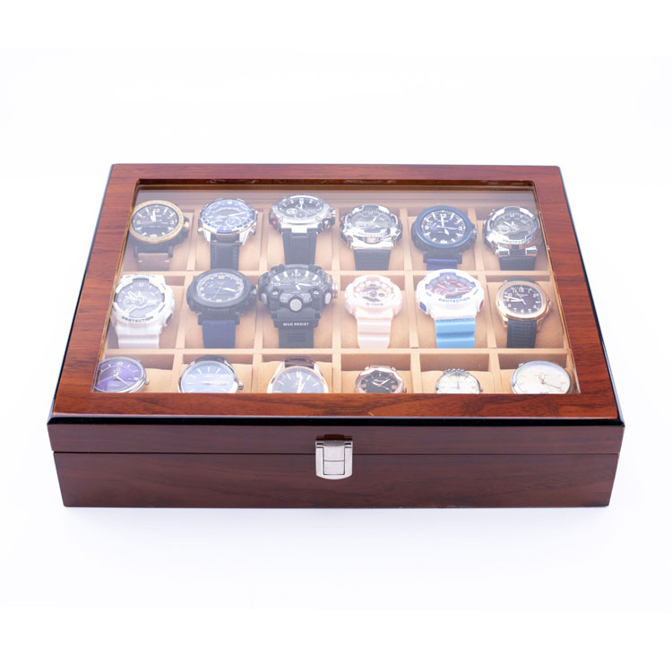 منظم تخزين الساعات عالي الجودة من WoodBox Factory ذو 18 فتحة مع غطاء شفاف