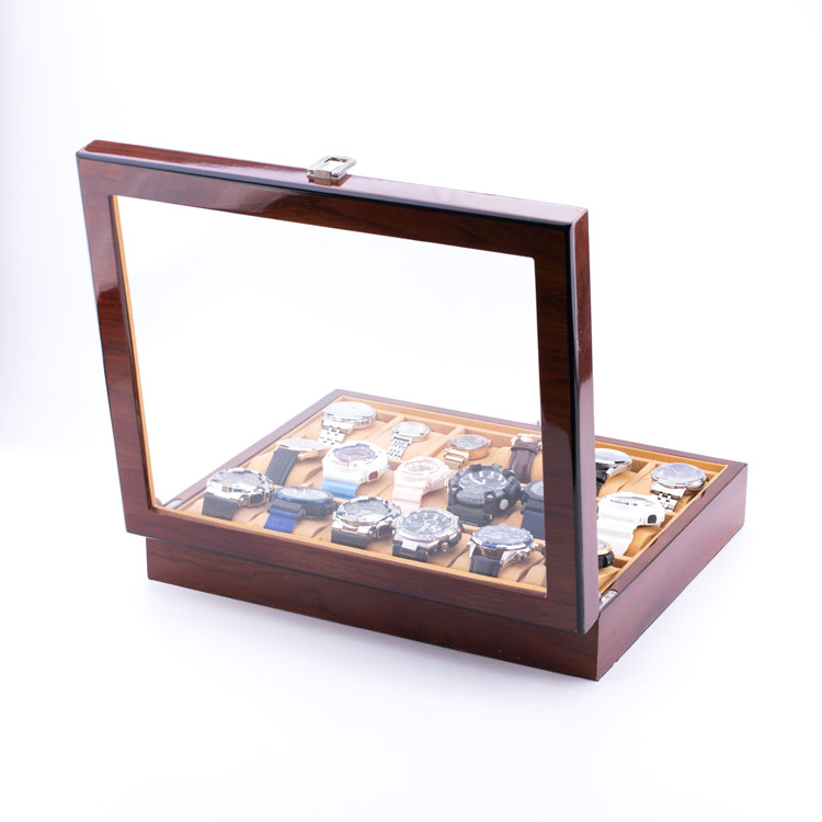 منظم تخزين الساعات عالي الجودة من WoodBox Factory ذو 18 فتحة مع غطاء شفاف