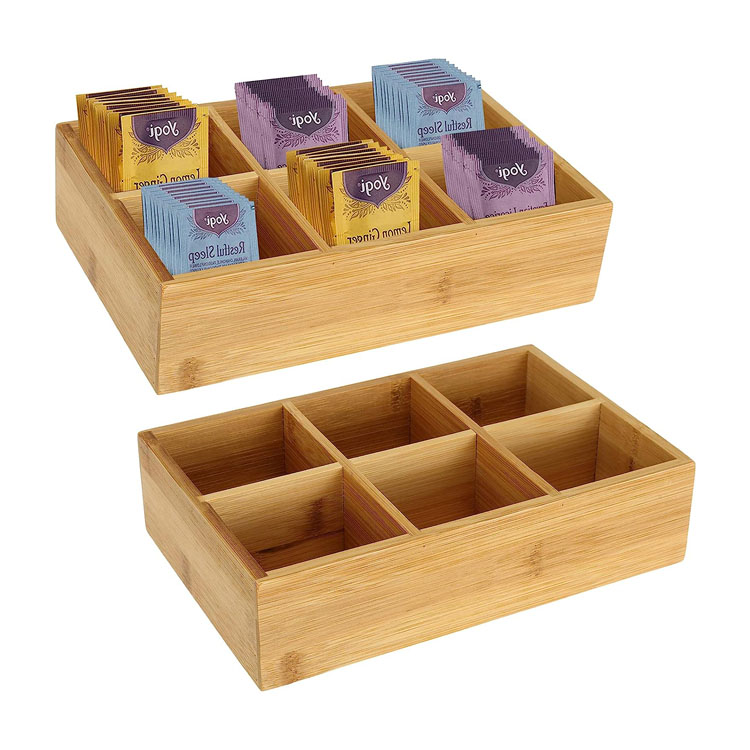 Bamboo Tea Bag Bag Organizer Wood Hot Tea Bag Bag Drawer Ruder Organizer مع 6 مقصورات شاي صندوق شاي لمحطة القهوة