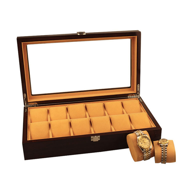 حار بيع بالجملة 12 فتحات صندوق تخزين الساعات الخشبية مع غطاء واضح