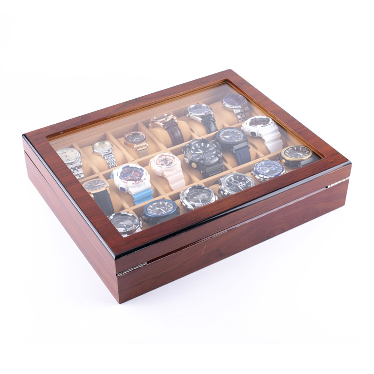 منظم تخزين الساعات عالي الجودة من WoodBox Factory ذو 18 فتحة مع غطاء شفاف