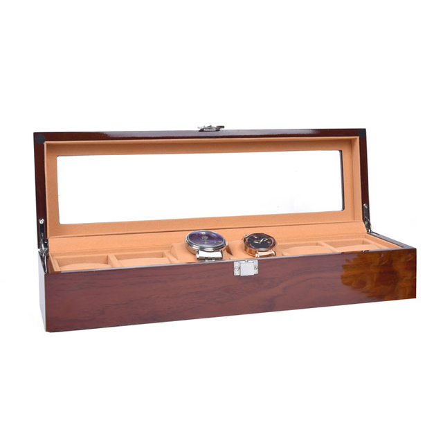 الجملة براون 6 فتحة ووتش عرض علبة التعبئة والتغليف مع نافذة واضحة خشبية ووتش مربع 6 فتحة