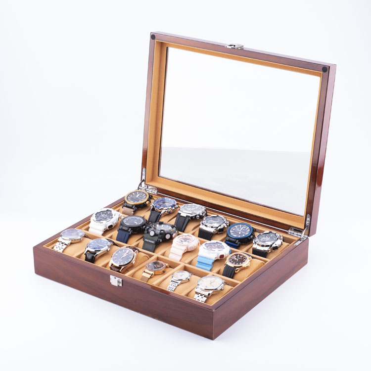 منظم تخزين الساعات عالي الجودة من WoodBox Factory ذو 18 فتحة مع غطاء شفاف